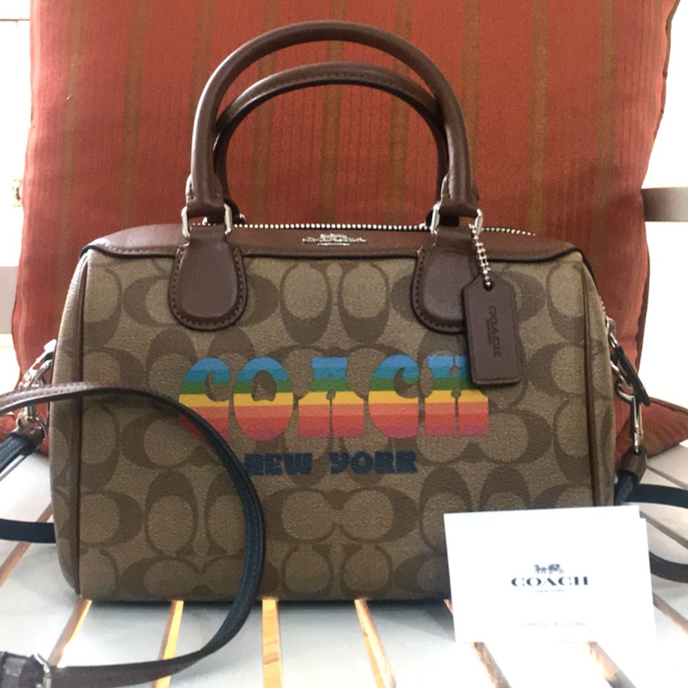 NWT! Authentic COACH rainbow script canvas crossbody bag